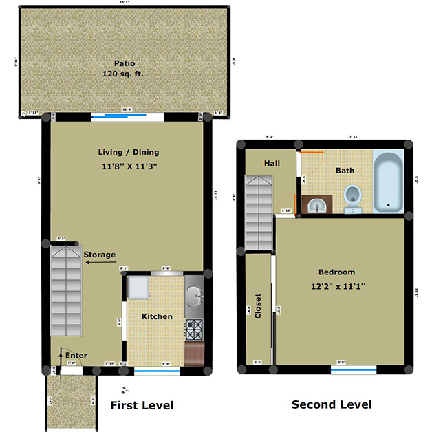 1 bedroom 1 bathroom floor plan of townhouses for rent in Richmond, VA with patio