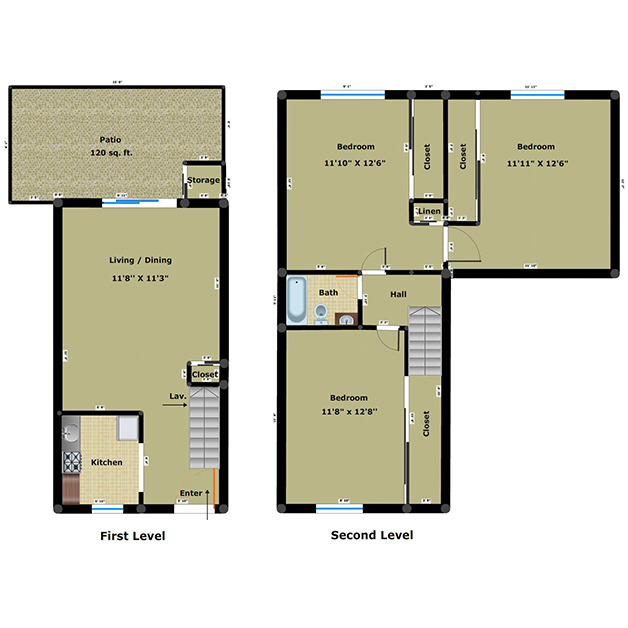 3 bedroom 1.5 bathroom floor plan of Chippenham Townhomes townhouses for rent in Richmond, VA with patio